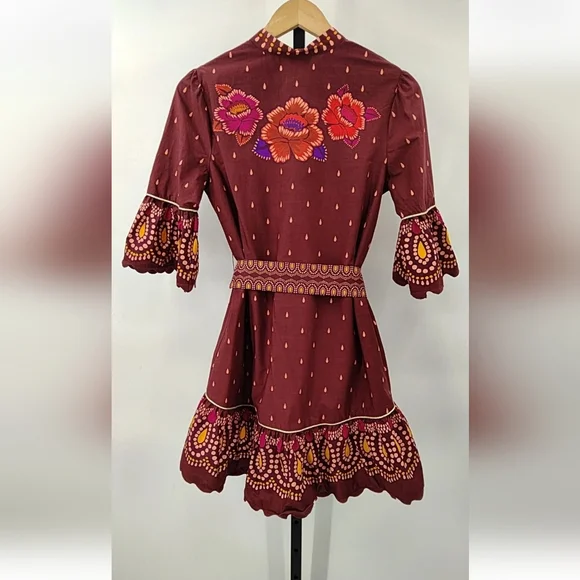 FARM Rio Maroon Mini Dress with Pink and Orange Embroidery - Picture 2 of 2